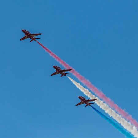 Edinburgh Airport Red Arrows-2016 A flypast of the Red Arrows display team at Edinburgh Airport airport. Photographed from the wing off the Fire Station...